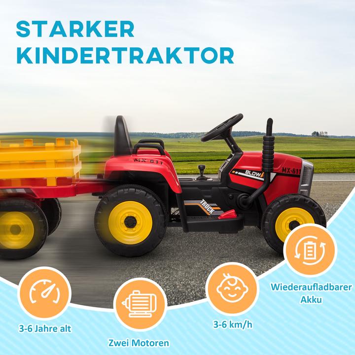 Immagine prodotto Swisshandel24 Trattore elettrico per bambini con rimorchio, telecomando, MP3, fari, 3-6KM/H, rosso
