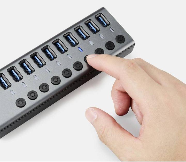 Produktbild Renkforce 10 Port USB 3.2 Gen 1-Umschalter + Hub (USB 3.0) mit Aluminiumgehäuse Silber-Schwarz (USB-A, 10 Ports)