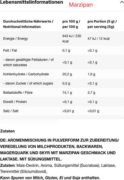 Nährwerte und Zutaten Inlead Flavor Powder - diverse Sorten - 250g (Marzipan, 2 Stk., 250 g)