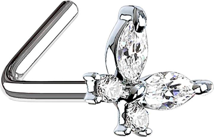 Star Piercing Nasenstecker gewinkelt silber Schmetterling mit Kristallen silber (Messing, Chirurgenstahl 316L)