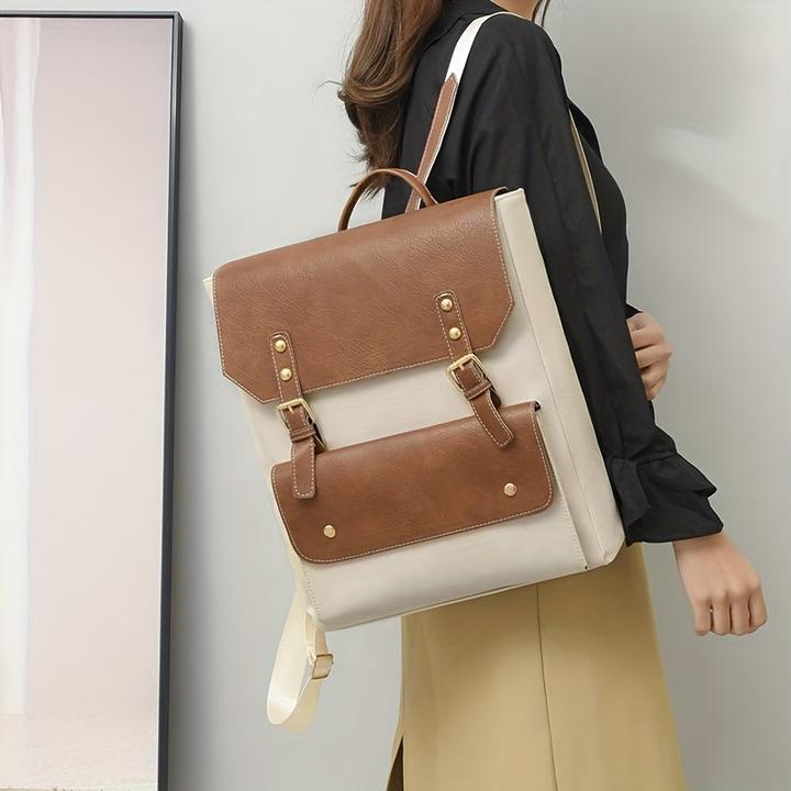 Actual product image Only-Bags.Store Vintage buckle decor flap backpac, preppy style school bag, solid colour laptop daypack