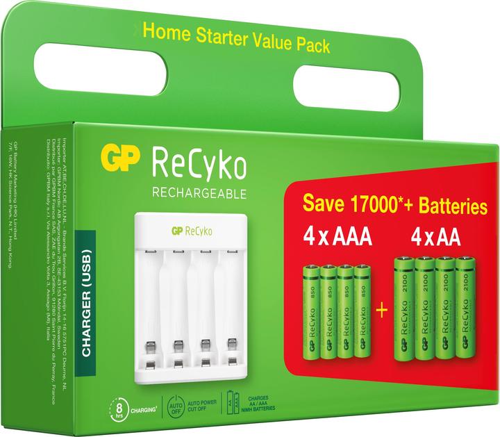 Produktbild GP Batteries ReCyko E111 4-Port USB Ladeg. + 4xAA 2100mAH + 4x AAA 800mAh (8 Stk., AAA, AA, 2100 mAh, Akku)