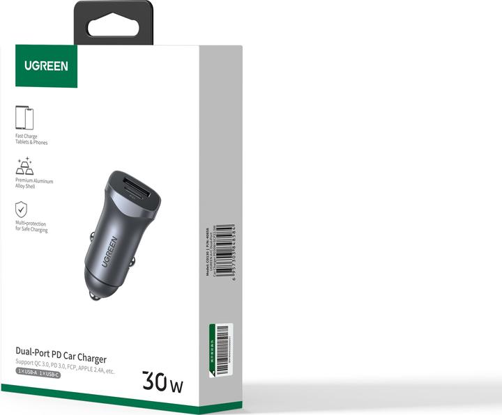 Image du produit Ugreen CD130 Car Charger, USB-A+PD 3.0, USB-C, QC3.0 30W (Grey)