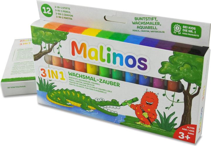 Actual product image Malinos wax crayons 3-in-1 (Black, Brown, Dark Blue, Light blue, Light green, Lilac, White, Red, Green, Yellow, Orange, Rose, 12 x)