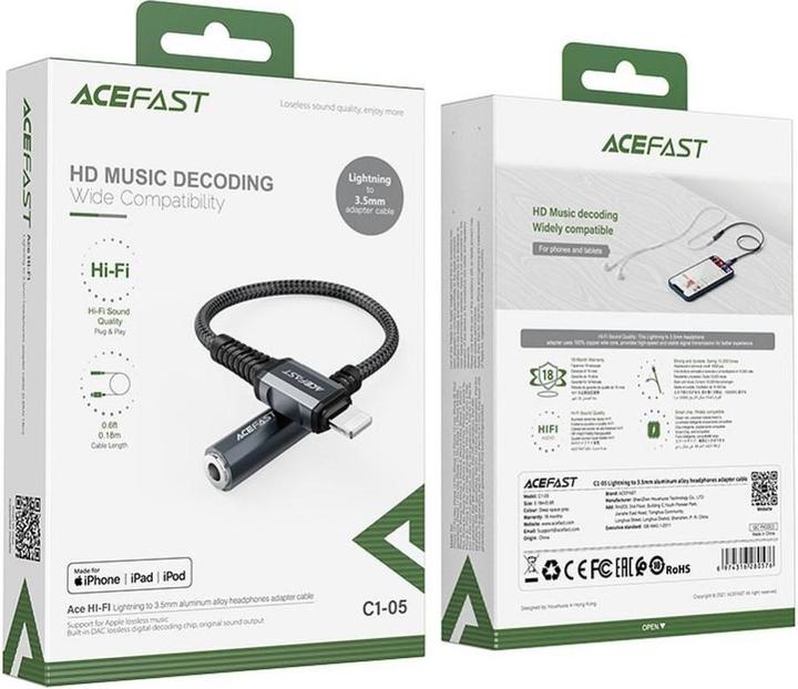 Produktbild Acefast MFI Lightning audio cable - 3.5 mm mini jack (female) 18 cm, AUX gray (C1-05 deep gray) (0.18 m)