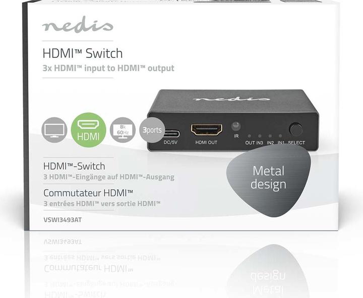 Actual product image Nedis HDMI ™ switch | 3-port port(s) | 3x HDMI™ input | HDMI™ output | 8K@60Hz | 45 Gbps | remote