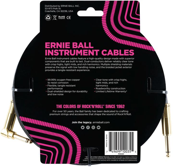 Actual product image Ernie Ball Instrument cable 6081 - 3.05 m, black, length: 3.05 (3.05 m)