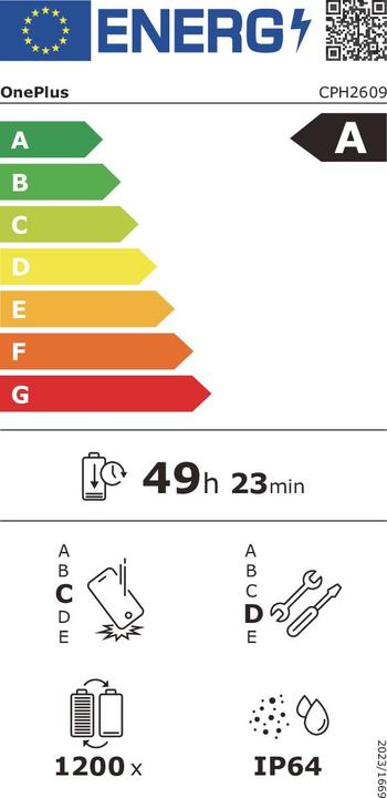 Label énergétique OnePlus 12R (256 Go, Gris de fer, 6.78", Double SIM, 50 Mpx, 5G)