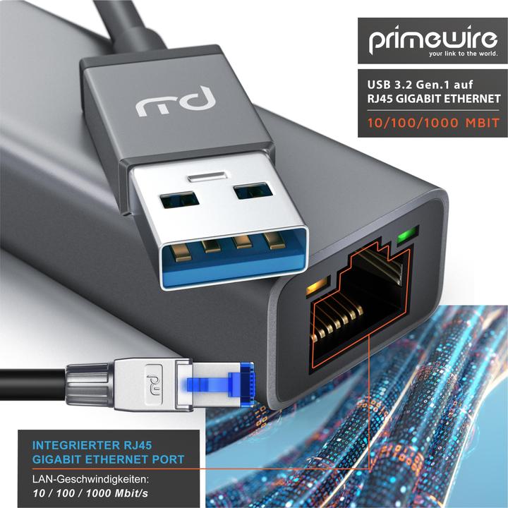 Immagine prodotto Primewire Adattatore di rete da USB tipo A a RJ-45 Ethernet, adattatore di rete USB 3.2 esterno con porta (USB-C 3.2 Gen 1, RJ45 (1x))