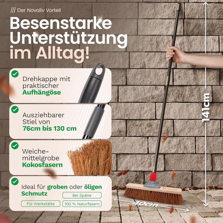 Immagine prodotto Novaliv Kokosbesen 40 cm mit Teleskopstiel Kokosborsten inkl. Kehrgarnitur verzinkt mit Gummilippe b (1 pz.)