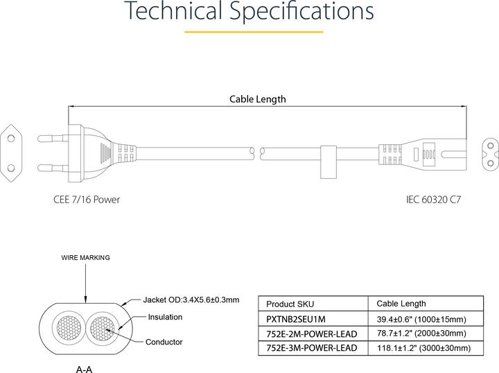 Image du produit StarTech com 752E-2M-POWER-LEAD, 2 m, CEE7/16, Coupleur C7, H03VVH2-F, 250 V, 2.5 A (2 m)