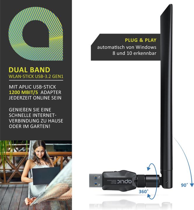 Immagine prodotto Aplic Chiavetta WLAN, adattatore WIFI 1200MBit/s, 2.4Ghz + 5Ghz dual band, antenna esterna 5 dBi, dongle (USB-C 3.2 Gen 1)
