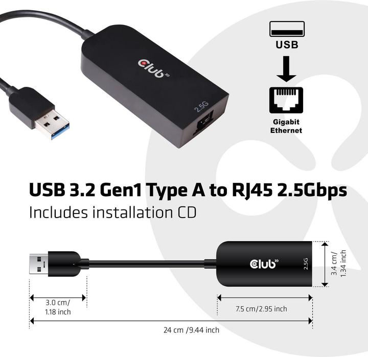 Image du produit Club 3D USB 3.2 Gen1 Type A sur RJ45 (USB-C 3.2 Gen 1, RJ45 (1x))