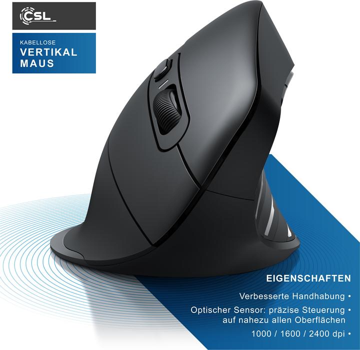 Produktbild CSL ergonomische Maus, Funk, Vertikal, optisch, kabellos, 2,4Ghz & Bluetooth, Armschonend, 2400 dpi (Kabellos)