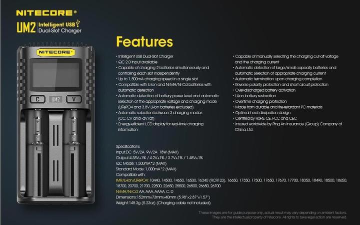 Image du produit Nitecore Chargeur USB UM2 (1 pcs, 14500, 16340, 18650, 26650, Chargeurs sans batterie)