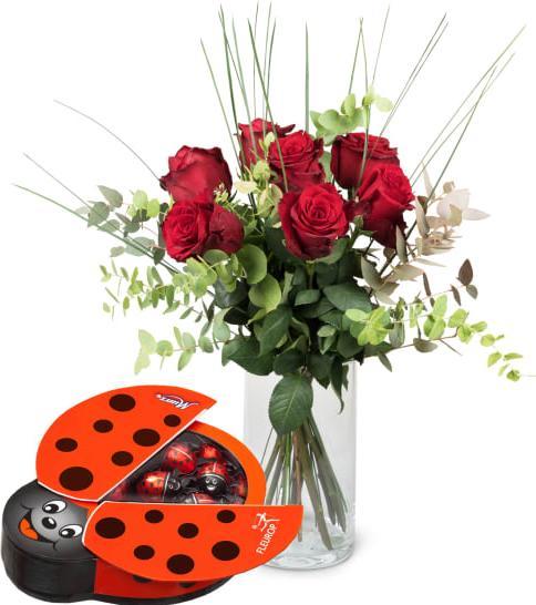 Produktbild Fleurop 7 rote Rosen mit Grün und Schoggi-Glückskäfer (Schnittblumen)