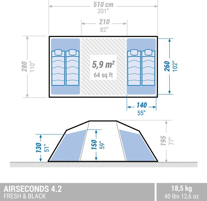 Immagine prodotto Quechua Air Seconds Fam 4 2xl Fb (Tenda gonfiabile, 18.50 kg, 4 persone)