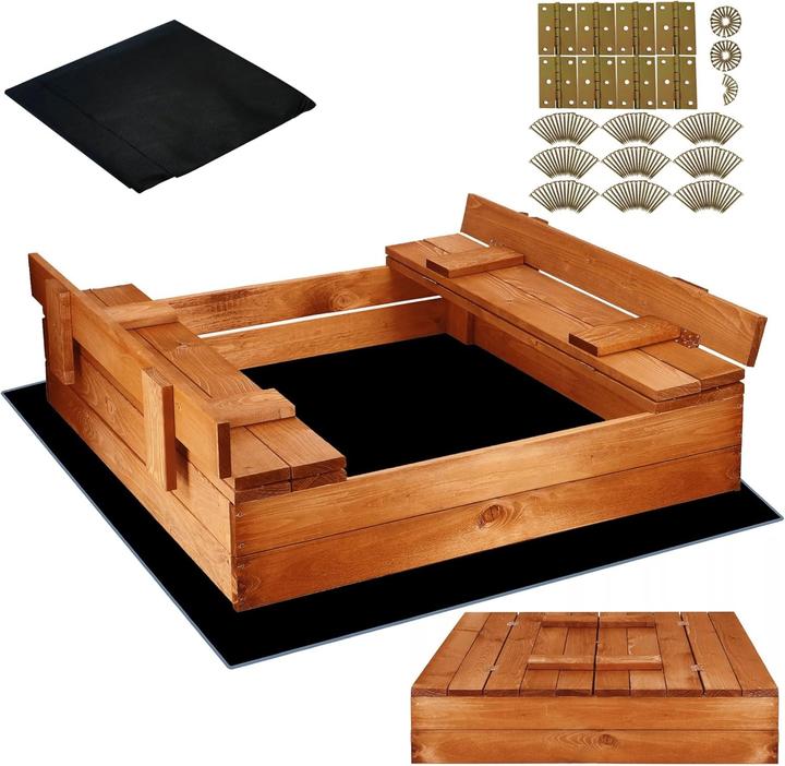 Immagine prodotto Milkii Sandkasten für Kinder aus Holz mit Abdeckung / Sitzbänke, 98 x 98 cm