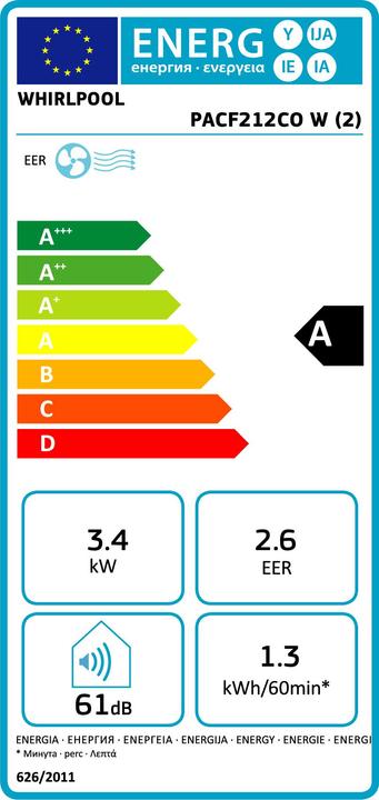 Energie-Label Whirlpool PACF212COW (20 m², 12000 BTU/h)