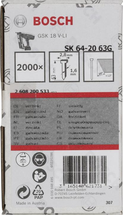 Produktbild Bosch Professional Zubehör Senkkopf-Stift SK64 20G, 63 mm verzinkt