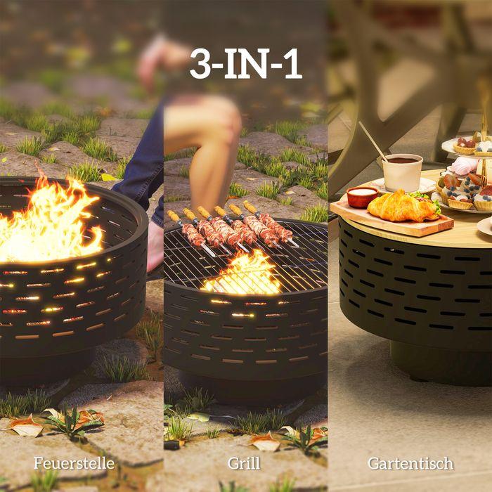 Immagine prodotto Swisshandel24 3in1 Feuerschale Ø60x39cm Edelstahl Grillrost Schürhaken Funkenschutz Holzoptik Kohlegrau (60 cm)