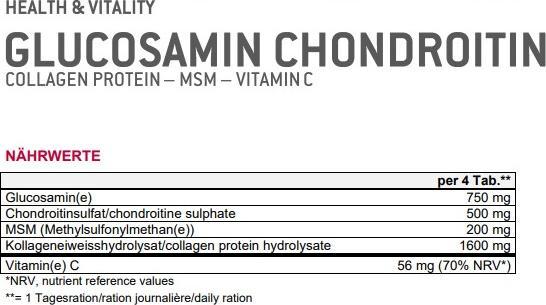 Valeurs nutritives et ingrédients Sponser Glucosamin Chondroitin (180 pièce(s), Cachets, 201 g)