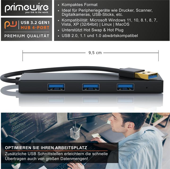 Actual product image Primewire 4-port active Ultra Slim USB 3.2 hub distributor with power supply unit (Micro USB, USB-A, 4 Ports)