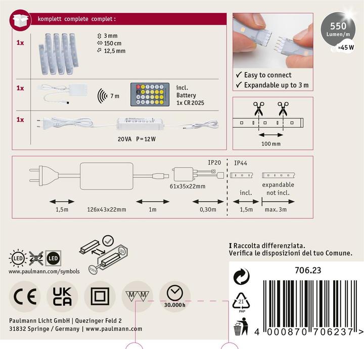 Image du produit Paulmann Kit MaxLED 500 Stripe (Lumière du jour, Blanc, Blanc chaud, 150 cm, Intérieur)