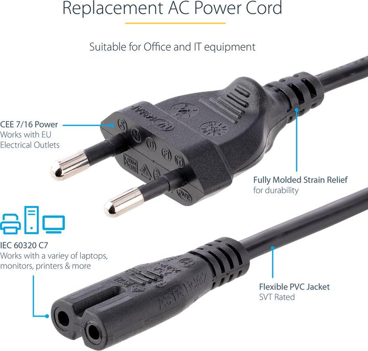 Image du produit StarTech com 752E-2M-POWER-LEAD, 2 m, CEE7/16, Coupleur C7, H03VVH2-F, 250 V, 2.5 A (2 m)