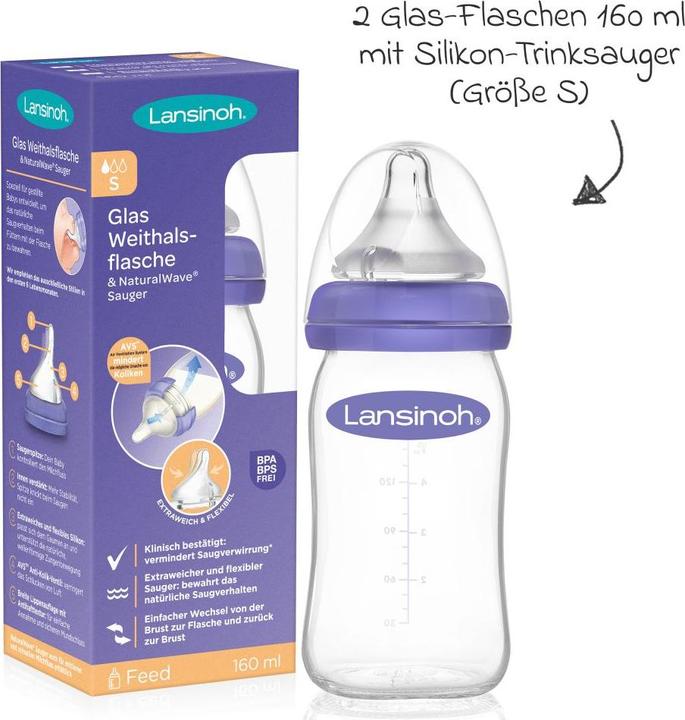 Produktbild Lansinoh Babyflaschen Glas-Flasche 2er Pack 160ml mit NaturalWave® Trinksauger (160 ml)