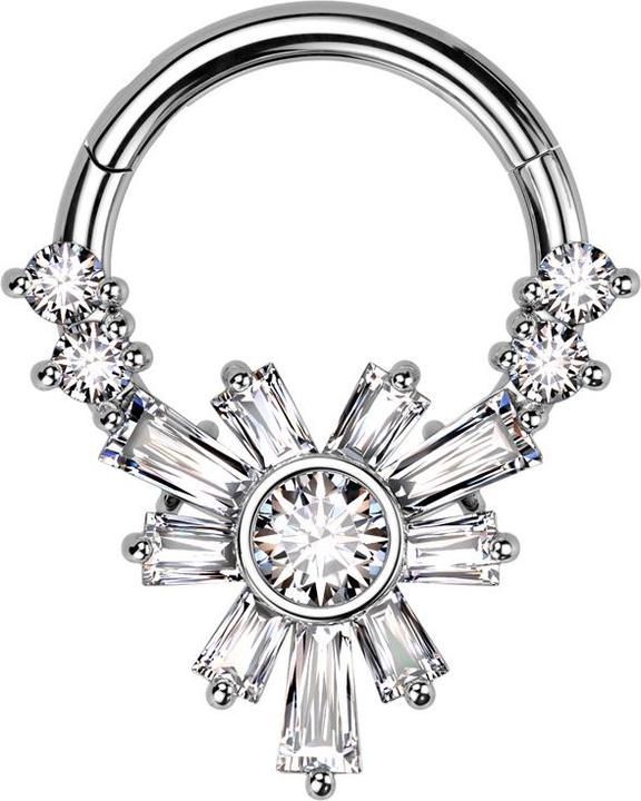 Produktbild Star Piercing Micro Segmentring klappbar silber vier runde und Baquette Blume Kristalle silber (Messing, Chirurgenstahl 316L)