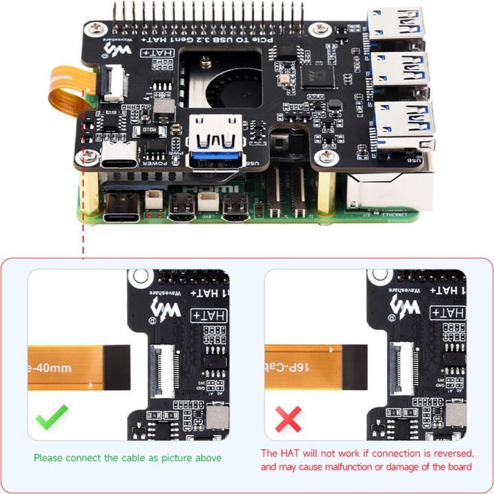 Actual product image WaveShare PCIe to USB 3.2 HAT+ for Raspberry Pi 5