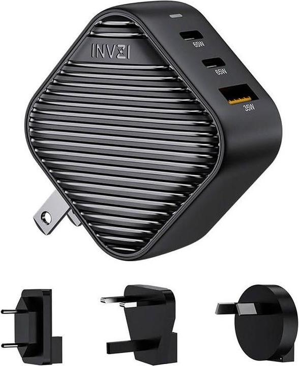 Produktbild Invzi GanHub 2x USB-C + USB wall charger, 65W, EU/UK/AU/US (black) (65 W)