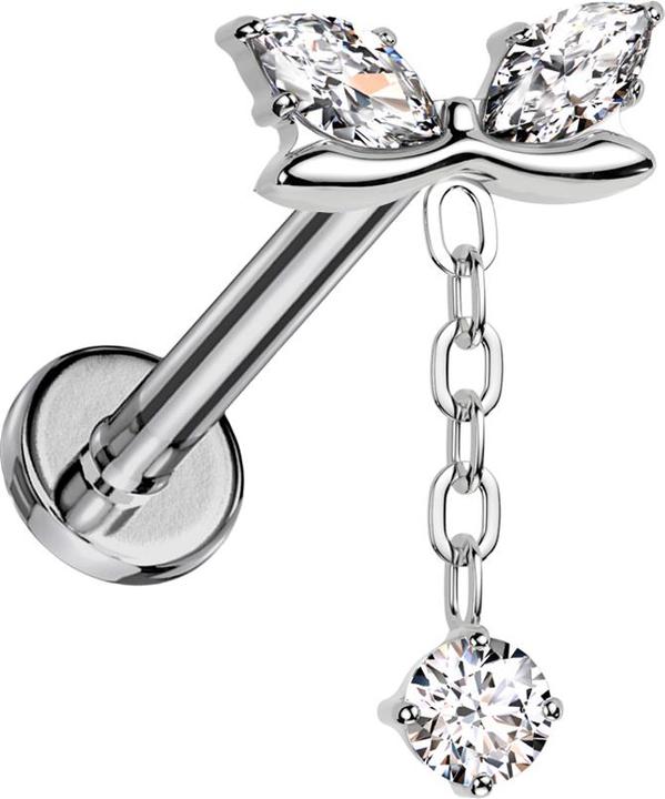Hollywood Body Jewelry Micro Labret Innengewinde silber geschwungener Balken zwei Ovale Kristalle silber Anhänger Kette Kri (Titan G23, ohne Messing)