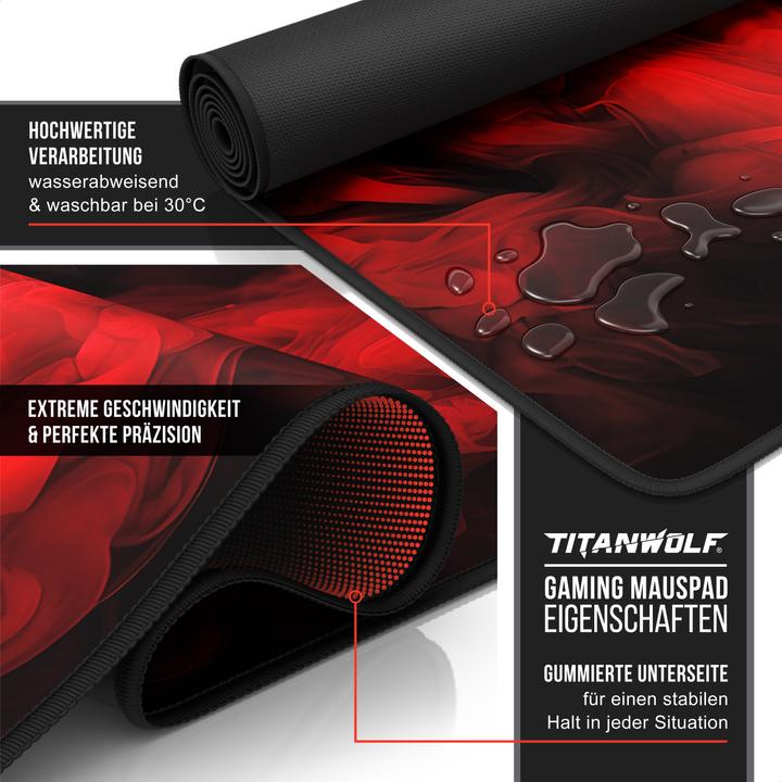 Produktbild Titanwolf Gaming Mauspad, 900 x 400mm XXL Speed Gaming Mausmatte, Mousepad Extragrosse Fläche, Red Smoke (XXL)