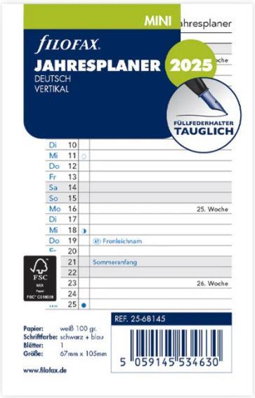 Image du produit Filofax MINI AGENDA ANNUEL 2025 (67 x 105 mm, Non contraignant, Allemand)