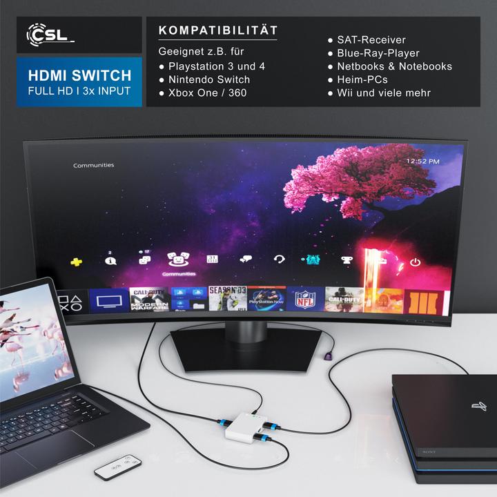 Produktbild CSL 3 Port HDMI Switch, Audio / Video Verteiler mit Verstärker, 3D, Full HD, inkl. Fernbedienung, weiss