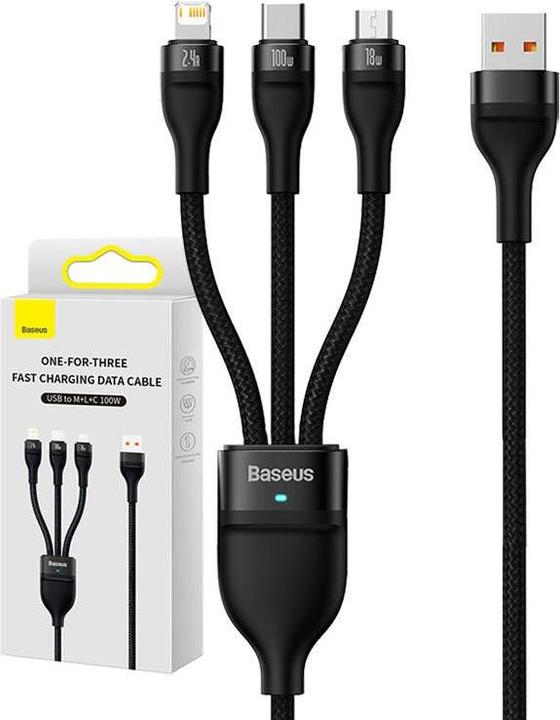 Actual product image Baseus 3in1 USB cable Flash Series, USB-C + micro USB + Lightning, 100W, 1.2m (black) (1.20 m, USB 3.2 Gen 1, 100 W)