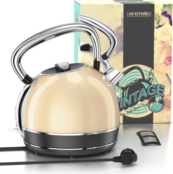 Actual product image Arendo Kettle 1.7 l, 2200 W, stainless steel, retro style, vintage, overheat & dry boil protection, beige (1.70 l)