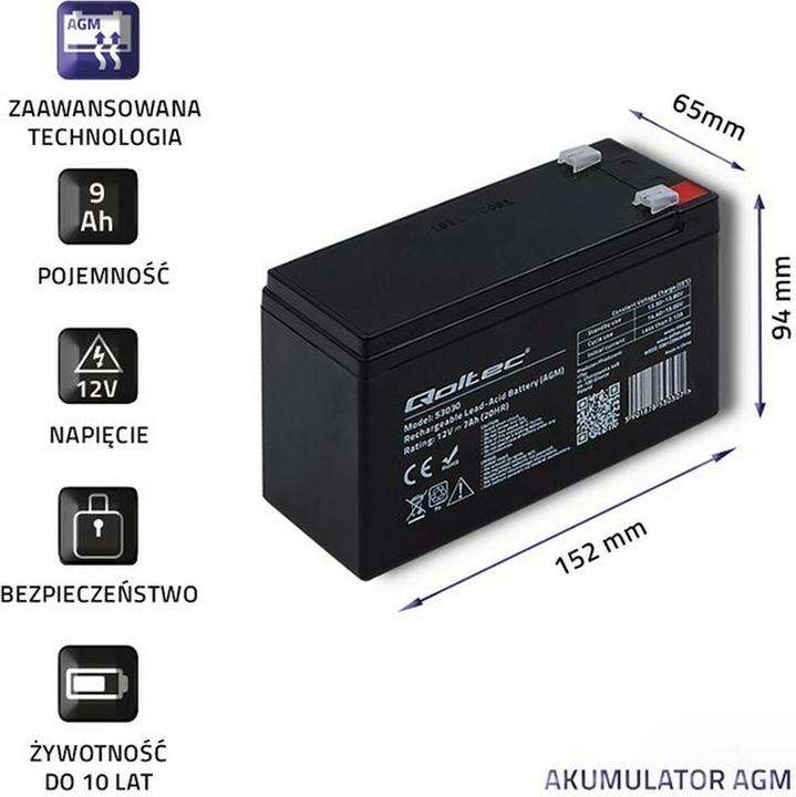 Image du produit Qoltec 53031 AGM battery| 12V| 9Ah| max 135A - Batterie - 9.000 mAh (12 V, 9 Ah)