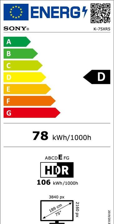 Energy Label Sony K-75XR5 (75", Bravia 5, Mini-LED, 4K, 2025)