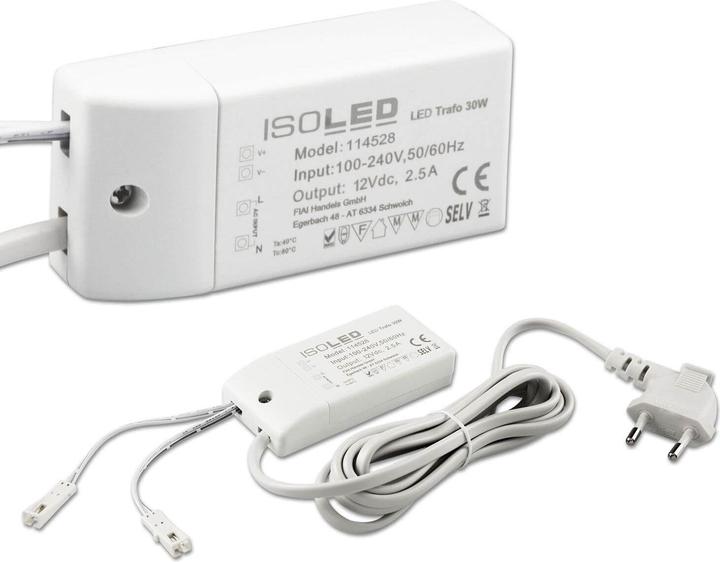 Actual product image Isoled LED transformer MiniAMP 12V/DC, 0-30W, 200cm cable with flat plug, secondary 2 female sockets