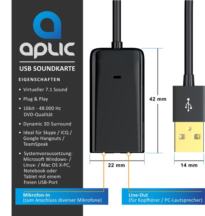 Image du produit Aplic Carte son Virtual 7.1 Surround, USB mini externe, Dynamic 3D Surround, entrée 3,5mm, sortie 3,5mm (USB 2.0)