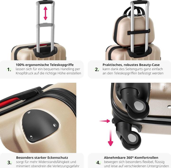 Immagine prodotto tectake 800763 Set di valigie 4 pezzi, champagne | No. 403411 (90 l, M (50 - 90l), L (90 - 115l), XL (da 115l))
