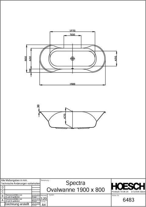 Produktbild Hoesch Oval-Badewanne SPECTRA 1900x800x470mm we (190 l, 190 cm, 80 cm)