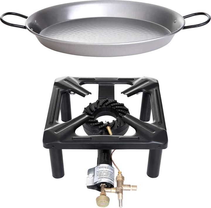Paella World Hockerkocher-Set (klein) mit Paella Pfanne Stahl Ø 32 cm - mit Zündsicherung