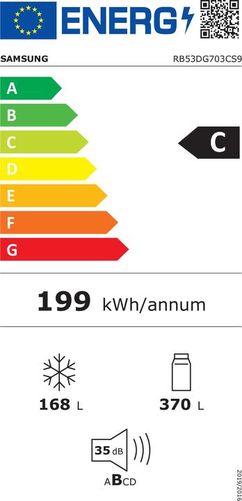 Etichetta energetica Samsung RB53DG703CS9EF, Frigorifero/congelatore combinato (acciaio inossidabile, modalità AI Energy, Twin (538 l)