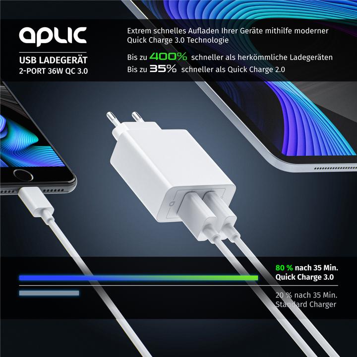 Produktbild Aplic USB Ladegerät, 2-Port Quick Charge USB Ladegerät 36 W / 6000 mA / Schnellladefunktion, weiss (36 W)