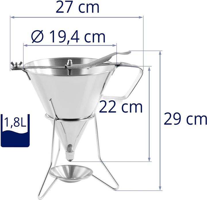 Produktbild Royal Catering Fülltrichter Likörtrichter Gebäckfüller 1,8 l Edelstahl 3 Dosierspitzen Ablage