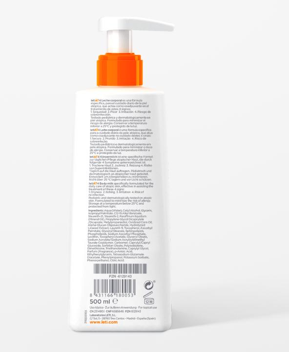 Immagine prodotto Leti LETIAT4 Latte corpo per pelle atopica per neurodermite, crema da 500 ml (Latte corpo, 500 ml)